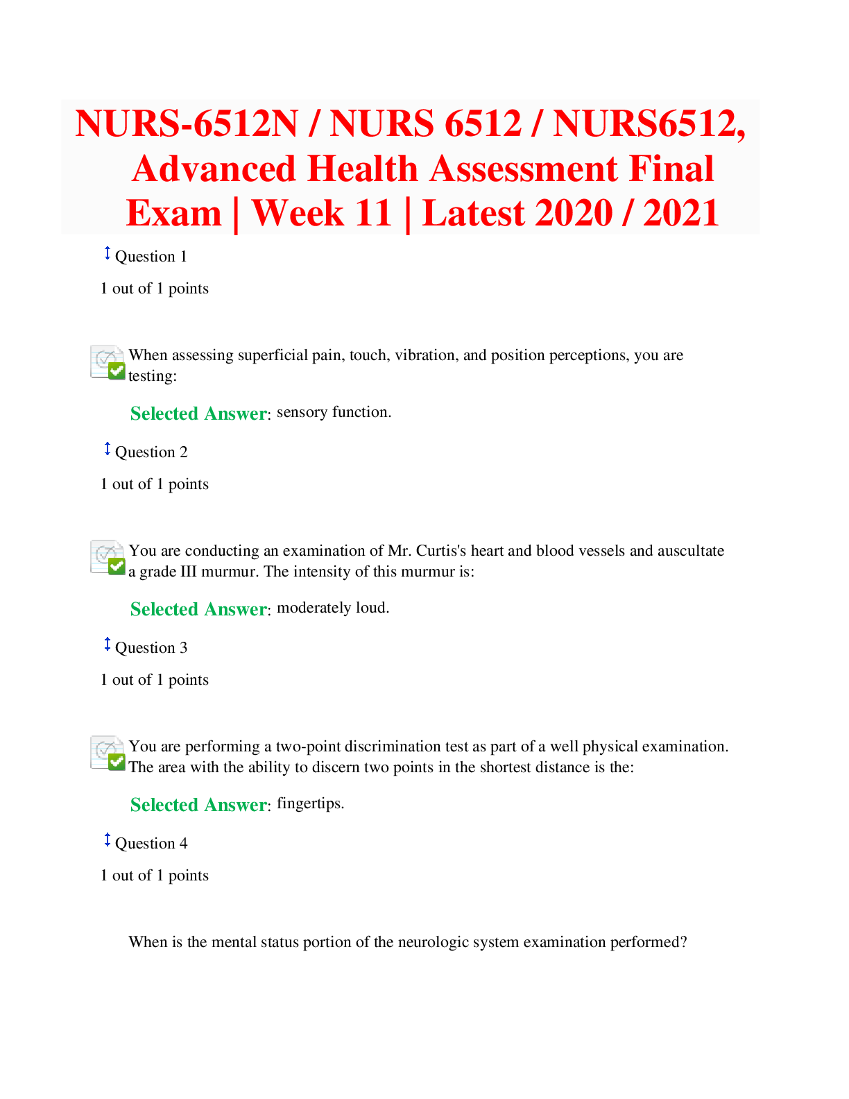 Preview of NURS-6512N / NURS 6512 / NURS6512, Advanced Health Assessment Final Exam | Week 11 | Lates